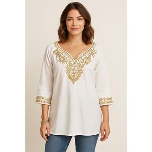 Jaclyn Smith Top Women's 1X White Gold Tunic 3/4  Sleeve Linen Embroidery Boho